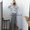 Women's Two Piece Pants GIGOGOU Leopard Knit Women Cardigan Sweater Tracksuits Fashion Shaking Wide Leg Pants Suits Single Breast Woman Knit Cardigans J231213