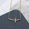 Tiny Gold Curved Sideways Cross Necklace For Women Men Cubic Zirconia Religious Pendant Jewelry Charm Collier Chains2572