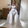 Lussuosi abiti da sposa Aso Ebi Country Sirena maniche lunghe Splendido abito da sposa con strascico staccabile Abiti in tulle con perline e pizzo per la sposa nera CDW047