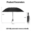傘完全に自動傘を​​備えたLED懐中電灯逆雨太陽UV熱断熱性反射ストライプパラソル231213