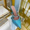 Amina Muaddi Gilda chinelos de mulas com glitter enfeitados com cristal deslizam em saltos pontiagudos pedestal de salto alto chinelo de grife de luxo para mulheres sapatos de fábrica