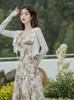 Vestidos casuais estilo coreano verão floral impressão praia vestido longo mulheres roupas fahsion sem mangas espaguete cinta elegante festa