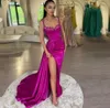 2024 Hot Fuchsia Princesse Robe De Soirée Élégante Bretelles Sexy Paillettes Perles Côté Haute Split Satin Sirène Bal Robes Formelles Robe De Soirée