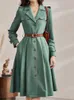 Casual Dresses Fotvotee Green Suits Dress for Women Autumn 2023 Långärmning Single Breasted Midi Korean Office Ladies Shirt