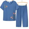 Zweiteilige Damenhose, trendige kurze Ärmel, atmungsaktiv, mittelkalblang, Großmutter-Pyjama-Set, elastische Taille, Mutter-Nachtkleidung für Damen