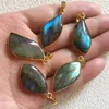 Colares Pingente FUWO 1 PCS Labradorite Natural Banhado A Ouro Brilhante Acessórios De Cristal Polido Para Colar Fazendo PD347