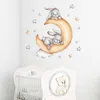 Alinéraux aquarelles Deux lapins jouant sur les autocollants muraux de lune d'or pour les enfants chambre bébé chambre pépinière décalcomanies murales à la maison