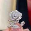 Anillo de Plata de Ley 925 de lujo con flor de diamante brillante, anillo de tamaño ajustable para mujer, joyería de bola de boda, regalo de Festival 270t