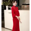 Ethnic Clothing Red Long Butterfly Sleeve Mandarin Collar Lace Edge Qipao Solid Color Evening Party Cheongsam Vestidos Chinese Dress