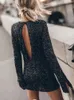 Women's Fashion Shining Sequin Mini Dress Elegant Backless Round Neck Long sleeved Ball Dress Sexy Party Club Women's Tank Top 231213