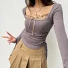 女性用TシャツiamtyエレガントなコントラストパッチワークTシャツサイドドローストリングコケットクロップドトップグレーの妖精グランジトップ