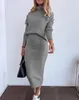 Work Dresses Two Piece Set Women Outfit Autumn Fashion Mock Neck Plain Long Sleeve Sweatshirt & Casual High Waist Daily Mid-Calf Skirt