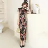 Ethnic Clothing Vintage Chinese Long Cheongsam Women's Satin Qipao Floral Short Sleeve Split Sexy Party Dress Mujer Vestidos