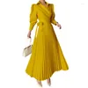 Vestidos casuais Lemongor 2023 moda coreana cor sólida lapela plissada a-line vestido verão saindo escritório maxi para mulheres