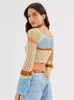 Sexy Spliced High Waist Hollow Out Knitwears Women Round Neck Long Sleeve Crochet Crop Summer Fashion Female Rainbow Top