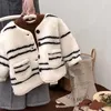 Jackets 2023 Autumn Winter Girls One Piece Top Sweater Coat Fur Unhooded Fashion Warm Soft Outdoor Stripe