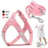 Dog Collars Leashes Soft Suede Leather Dog Harness and Leash Set Rhinestone Puppy Vest With Crystal Bone Pendant For Small Medium Pets Chihuahua 231212