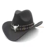 Ethnic Style Cowboy Western Hat Fashion Unisex Solid Color Cowgirl Jazz Cap with Alloy Bull Head Belt for Men Women Size 5658cm3862678