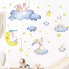 Peinture à la main dessin animé lapin lapins sur les nuages lune ciel Stickers muraux pour chambre d'enfants bébé chambre de bébé Stickers muraux décor à la maison Pvc