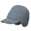 Bérets hommes hiver visière oreillette bonnet chapeau avec cache-oreilles tricot peluche doublé couverture plus chaude pour la tête