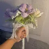 Fiori decorativi Bouquet di tulipani lavorati a mano, palla di fiori con cordino, rosa, calla, campanula, regalo di compleanno per matrimonio rifinito in lana