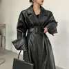 Kvinnors dike rockar lautaro lång överdimensionerad lädergravrock för kvinnor långärmad lapel lös passform Fall Stylish Black Women Clothing Streetwear 231213