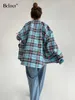 Women's Blouses Shirts Bclout Fashion Pink Plaid Shirts Blouses Women Elegant Blue Long Sleeve Oversize Shirts Casual Party Loose Blouses Street 2024 YQ231214