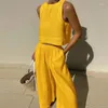 Damen Zweiteilige Hosen 2023 Vintage Lose Strandanzug Sommer Frauen O Hals ärmellose Weste Top breites Bein 2-teilige Sets lässig solide Baumwolle Leinen