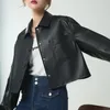 Veste d'automne en cuir de haute qualité pour femme, courte, Simple, ample, poche, Simple boutonnage, costume à revers pour moto en peau de mouton, 2023