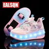 Bottes enfants deux filles roues lumineuses baskets lumineuses talons rose lumière LED chaussures de patin à roulettes enfants USB charge 231214