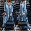 Casual Dresses Plus Size Robe Vintage Apparel Autumn Female Lace V Neck 3/4 Sleeve Stora Hem Tassel Loose Maxi Denim Dress for Women 2023