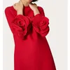 カジュアルドレスゴージャスな絶妙な赤い3次元ローズシルクドレス女性エレガントな長袖Oカラー甘い気質2023