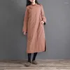 Ethnische Kleidung 2023 Chinesische Retro Vintage Plaid Baumwolljacke Verdickte Robe Aufrechter Kragen Schnalle Cheongsam Langes Leinenkleid