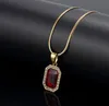 Red Lab Ruby Rectangle Gem Pendant Bling Simulated Diamonds Ruby Jewelry 18K Yellow Gold Plated Necklace Bone Chain2775304