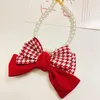 Dog Apparel Pearl Pet Necklace Red Plaid Christmas Cat Collar Accessories Bow Tie Neck Scarf Ring Neckchain Puppy