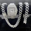 Montres-bracelets 3PCS Montres glacées pour hommes Montre en or Quartz 15mm Chaînes à maillons cubains Bracelet Colliers Bijoux en diamant Homme Reloj234W