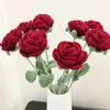 Decorative Flowers Knitting Artificial Roses Handmade Red Rose Single Bouquet Fake Floral For 2024 Valentine's Wedding Party Favor Supplies