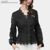 Damesblouses Overhemden Dames Kanten blouses Nauwsluitende tops Lange mouw V-hals Uitgesneden haak Bloemen Effen kleur Elegant Vintage Dames Casual overhemdenL231214