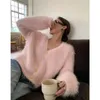 Women Sweters Sweet Pink Elegancka V Nurka Norek Krzyny sweter Kobiety Kobiety Zima Zima Vintage Czarna długie rękawie