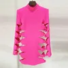 Casual Dresses Pink Hollow Out Dress 2023 Fashion Sexy Personality Bow Long Sleeve Fluorescent Party Mini Summer