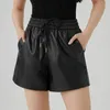 Dames shorts elastische taille riem zwart pu lederen vintage brede pijpen korte broek vrouwelijke a-lijn losse casual mini-broek