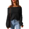 Kvinnors tröjor Autumn Winter Ribbe Sticked Pullover Tröja Top Elegant Fashion Warm Tjock Long Sleeve Off Shoulder Loose Knitwear