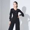 Stage Wear Long Sleeve Bodysuit Top Performance Latin Dancing National Dance Bright Diamond Bottom Crotch Square Adult Girl Costume