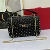 Trendy Rivet Single Vualentino Small Leather Bags Sheepskin Shoulder Grid Designer Versatile Square Portable Crossbody Chain Bag Women's CE1R