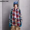 Blouses Femmes Chemises Reddachic Femmes Rainbow Plaid Blouse Top Patchwork Manches Longues Chemise Poche Y2k Vintage Ecosse Lâche Casual Cardigan Veste YQ231214