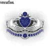 Vecalon Lovers Blue Birthstone Claddagh Ring 5a Zircon CZ White Gold Filled Engagement Wedding Band Ring Set for Women Men Gift283e