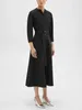 カジュアルドレス2023秋の女性の黒いシルエットシャツドレスベルト覆われたボタンの女性​​Oネック長袖ゆるいミッドレングスローブ