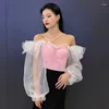 Stage Wear Fairy Mesh Puff Sleeves Pink Ballroom Dance Tops Women Adult Leotards Performance Clothes Latin Waltz Costume BL12078