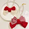 Dog Apparel Pearl Pet Necklace Red Plaid Christmas Cat Collar Accessories Bow Tie Neck Scarf Ring Neckchain Puppy