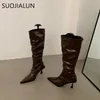 Boots Suojialun Women Long Boot Shoes Fashion Pleated Ladies Elegant Long Boots Shoes Thin High Heel Pointed Toe Knee High Boot S 231213